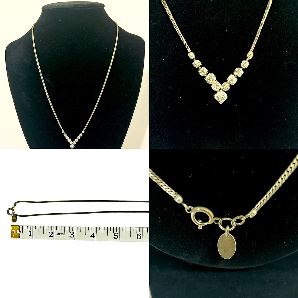 Vintage After Thoughts Rhinestone Necklace 18” Silver Tone Classic V Drop